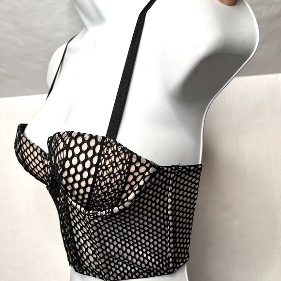 Victorias Secret Bustier Size 32B Black Nude Fishnet Very Sexy Lace Balconet Bra - Picture 4 of 9